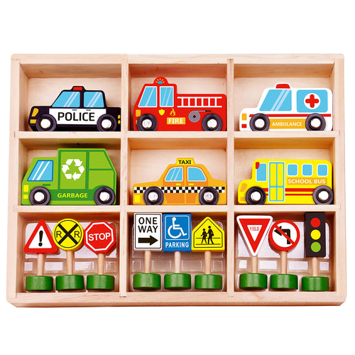 Tooky Toy - City Vehicles & Wooden Street Sign Set