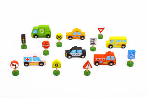 Tooky Toy - City Vehicles & Wooden Street Sign Set
